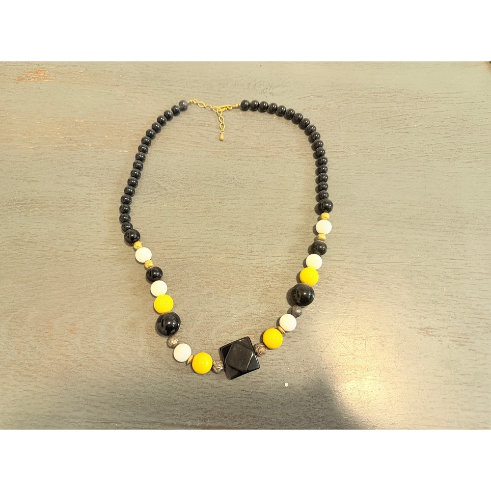 Handmade Geometric Beaded Necklace Black White Yellow Square Pendant Gold Tone